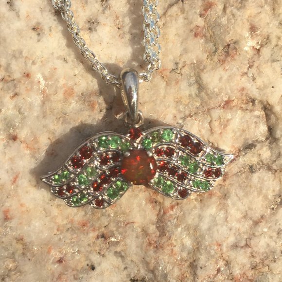 .925 Silver Opal, Tsavorite & Red Garnet Wings Pendant Angel Natural - Picture 8 of 16